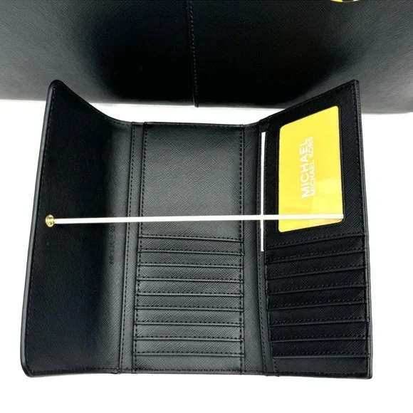 Michael Kors Medium Jet Set Travel Zip Tote Bag & Trifold Wallet Black/Gold